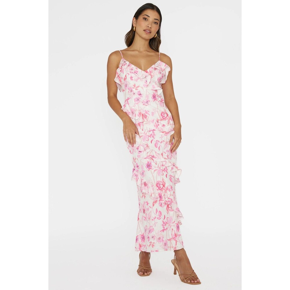 Selfie Leslie Silvana Dress Small Pink Floral Ruffle Maxi Slip Sundress